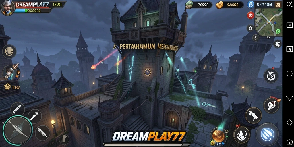 Screenshot gameplay <strong>DREAMPLAY77</strong> menampilkan pertahanan menara yang epik.
