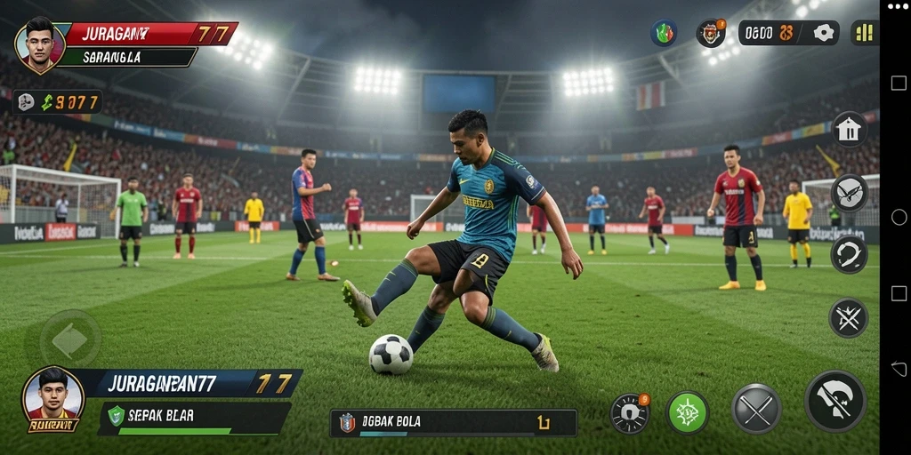 Screenshot JURAGAN77 memperlihatkan gameplay seru sepak bola.